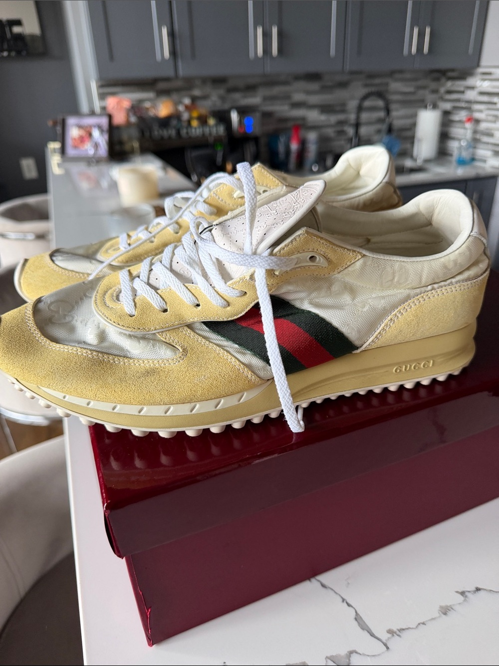 Gucci Men’s Yellow Suede & Cream Nylon Sneakers with Green-Red Stripe